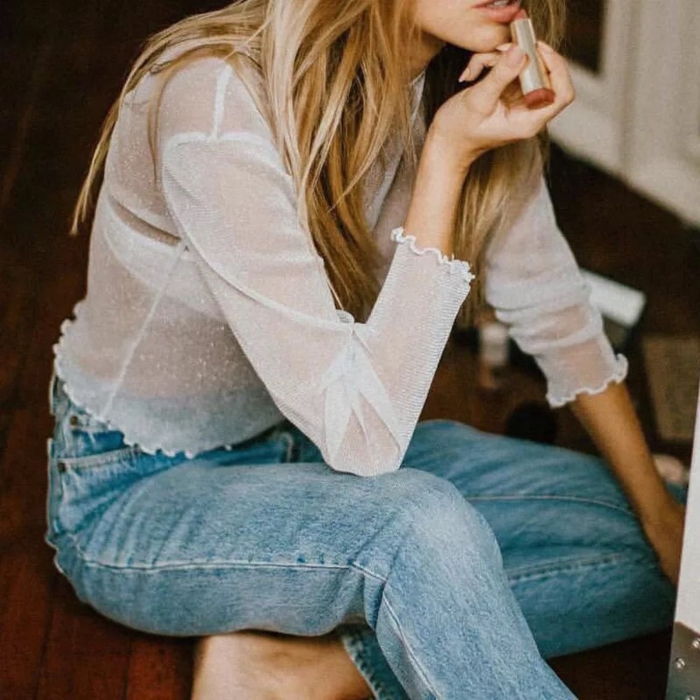 White Sparkly Mesh Long Sleeve Crop Too